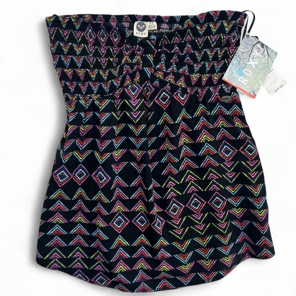 Roxy Strapless Tank Top in Black with Neon Geometric Print